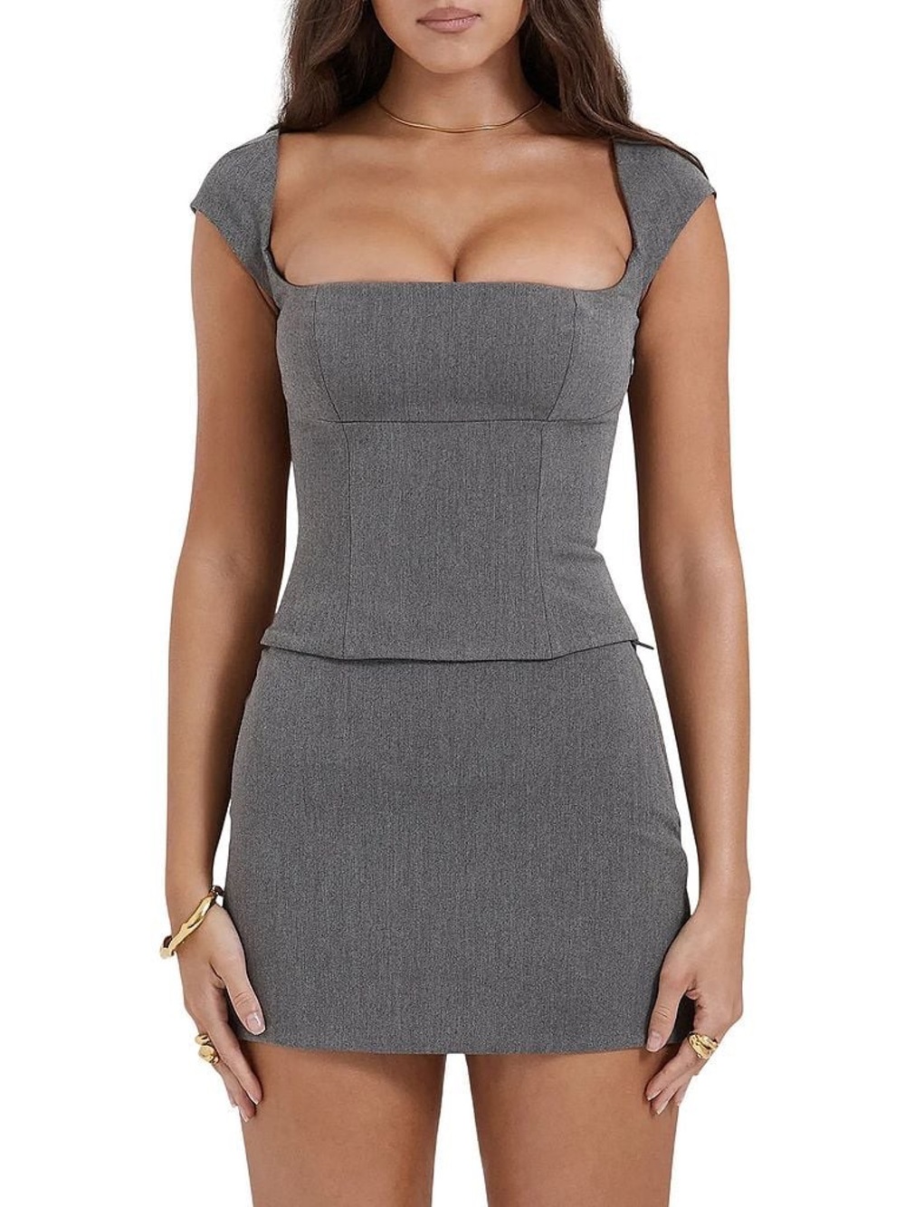 House of CB Gray Square-Neck Corset Top & Mini Skirt Set
